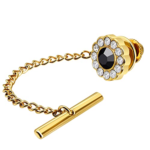 AMITER Crystal/Pearl Tie Tack with Chain, Gold Mens Tie Pin Necktie Pins Lapel Pin for Wedding Birthday Anniversary Party - color: 24k Gold+Black Crystal