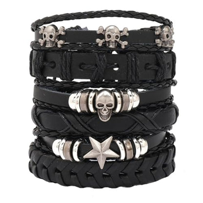Leather Cuff Bracelet for Men Women, Multilayer Braided Wristband, Adjustable 6.5-9.5 Inches Wrap Bracelets Punk Gothic Grunge - color: Skull Star - 6Pcs