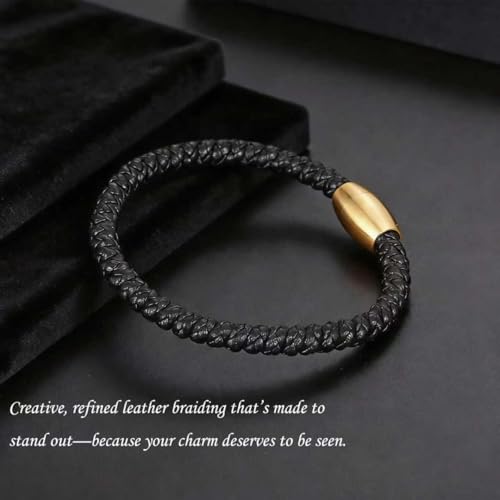 Men's Leather Bracelet, Stackable Stainless Steel Clasp Bracelets for Men Stylish Birthday, Thanksgiving, Valentine's Day Gift for My Man (8.2" Black and Golden) | Men's Accessory, Leather Band, Stainless Steel, Wrist Bracelet