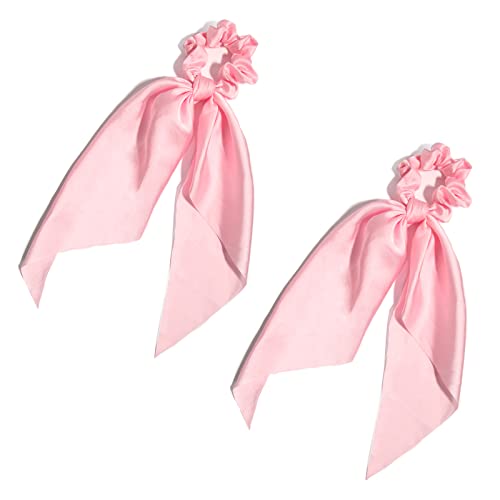 Pack of 2 Knotted Bow Hair Scrunchies Elastic Hair Scarf Black Hair Ties Bands Satin Hair Ribbon Scrunchy Red Ponytail Holder for Women and Girls (Light pink) - color: Light pink