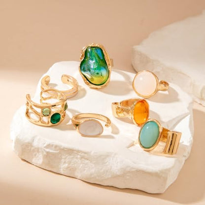 Chunky Gemstone Rings for Women Gold Silver Chunky Rings Set Adjustable Thick Statement Ring Trendy Fashion Silver Jewelry - style: Green