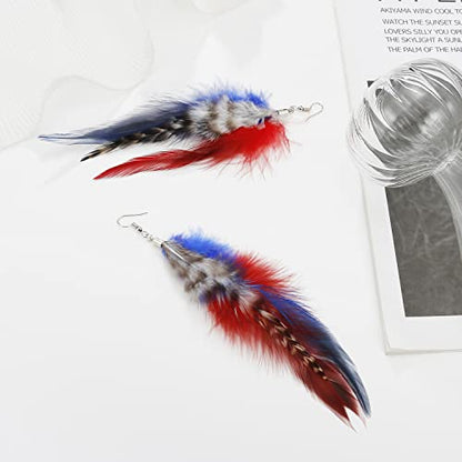Long Bohemian Pheasant Feathers Statement Earrings Handmade Natural Lightweight Feather Dangle Earrings for Women (ea000067) - color: Red&Blue A
