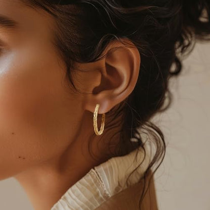 Gold Earrings for Women 14K Gold Hoop Earrings for Women | 14K Gold Earrings for Women Hoop Twisted Woven Texture and Braided Detailing Gold Hoop Earrings for Womens 30mm