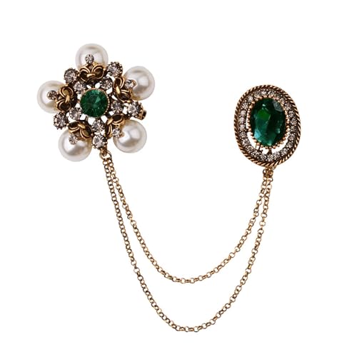 Vintage Crystal Pearl Flower Long Chain Tassel Brooch Lapel Pin for Women Men Girls Snowflake Simulated Emerald Green Rhinestone Oval Pins Clip Sweater Dress Suit Badge Tie Brooches Fashion Christmas Jewelry Gifts Clothes Accessories - color: Green CZ
