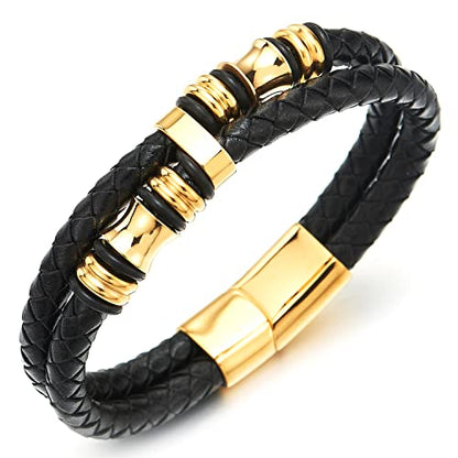 COOLSTEELANDBEYOND Mens Double-Row Braided Leather Bracelet Bangle Wristband with Black Stainless Steel Ornaments - color: I-Black Gold