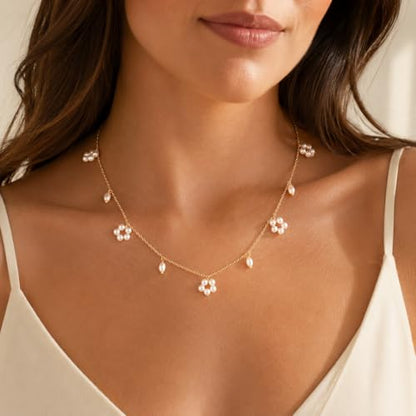 Pearl Necklaces for Women Trendy, Dainty Beaded Choker Necklace, 14K Gold Plated Station Chain, Simple Layering Wedding Prom Jewelry Gift - color: Gold Flower Pearl-1