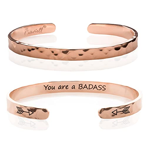 Carviell Bracelet - Gifts for Women – Inspirational, Friendships, Love, Mom, Daughters, Sisters, Christian, Graduations, Memorials & Wedding Gifts – 100+ Phrases – Stainless Steel, Gift Ready - color: BADASS Gift - You are a B*D*SS - ROSE GOLD
