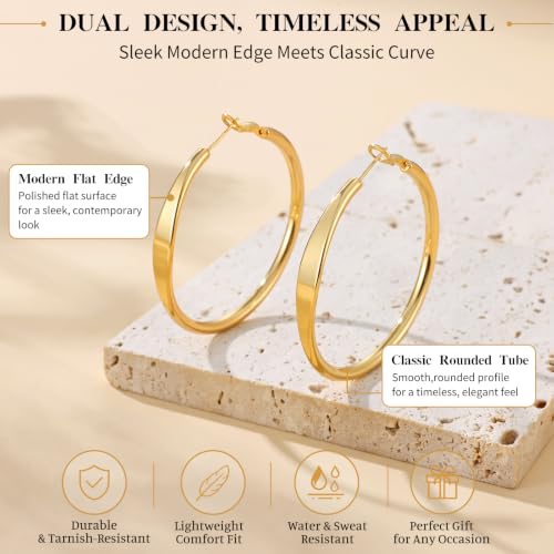 sovesi Flat Edge Chunky Hoop Earrings for Women 14k Gold Plated, 5mm Thick Hoops, Lightweight Hypoallergenic Hoop Earrings - color: Gold 50mm