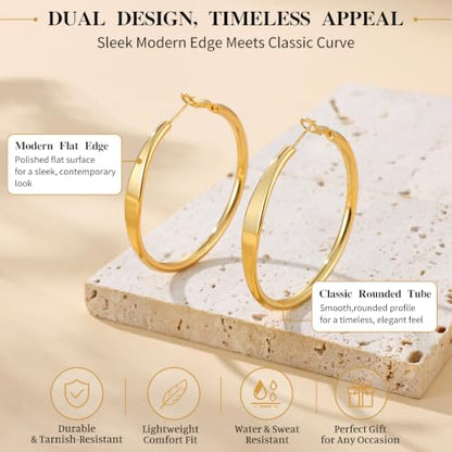 sovesi Flat Edge Chunky Hoop Earrings for Women 14k Gold Plated, 5mm Thick Hoops, Lightweight Hypoallergenic Hoop Earrings - color: Gold 50mm