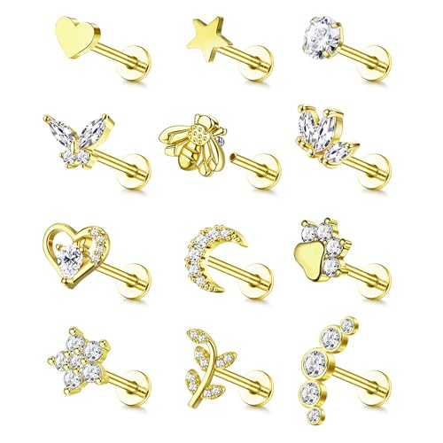 YADOCA 16G 18G Helix Flat Back Tragus Piercing Jewelry Earrings for Women | Hypoallergenic Surgical Steel Cartilage Earrings Daith Conch Medusa Nose Piercing Jewelry Gold Stud Earrings Set 6 7 8 10 MM - color: Gold, size: 16G(1.2MM)-6MM-Classic