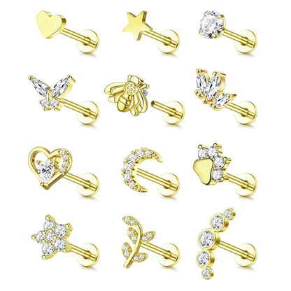 YADOCA 16G 18G Helix Flat Back Tragus Piercing Jewelry Earrings for Women | Hypoallergenic Surgical Steel Cartilage Earrings Daith Conch Medusa Nose Piercing Jewelry Gold Stud Earrings Set 6 7 8 10 MM - color: Gold, size: 18G(1.0MM)-7MM-New