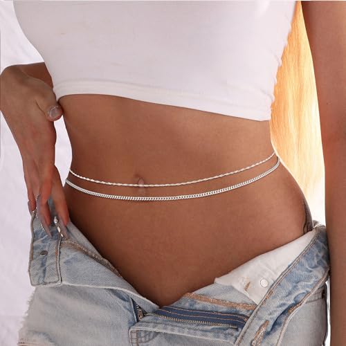 CAROVO Belly Waist Chain for Women 14K Gold Silver Plated Layered Body Chains Boho Cuban Figaro Pearl Heart Coin Satellite Bead Belly Chain Sexy Bikini Body Jewelry for Women Adjustable - style: B1:Cuban Twist SL