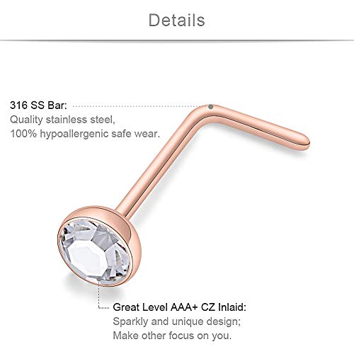 SCERRING 18G Stainless Steel L-Shaped Nose Stud Rings Tragus Lip Hoop Piercing Jewelry 1.5-3mm Clear CZ 8-30PCS - color: 30PCS - Rose Gold