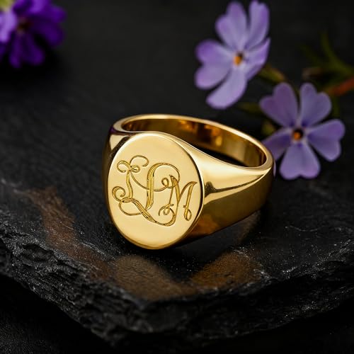 Personalized Classic Monogrammed Signet Initial Ring for Men 925 Silver/10K/14K/18K Gold Monogram Letters Statement Ring Birthday Christmas Gifts - color: Yellow Gold