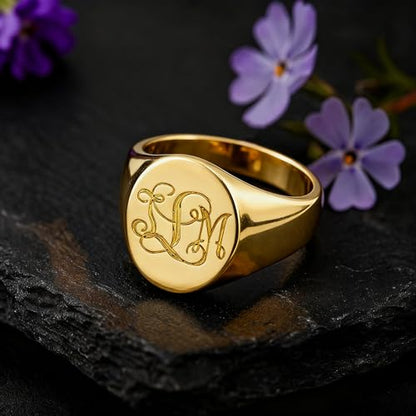 Personalized Classic Monogrammed Signet Initial Ring for Men 925 Silver/10K/14K/18K Gold Monogram Letters Statement Ring Birthday Christmas Gifts - color: Yellow Gold