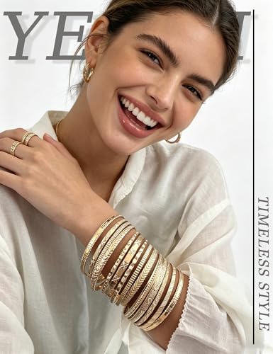 YEEZII Gold Bangle Bracelets for Women, 12 Pcs Indian Boho Stackable Set, Multi Layer Textured 14K Gold Plated Adjustable Bracelets Jewelry Set - color: GoldC-14Pcs