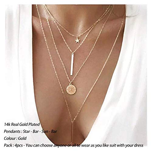 Turandoss Gold Layered Necklaces for Women - 14K Gold Plated Handmade Multilayer Bar Pearls Coin Disc Moon Butterfly Medallion Adjustable Dainty Layered Choker Necklaces for Women Jewelry - style: 4PCS - Star&Bar&Sun&Bar