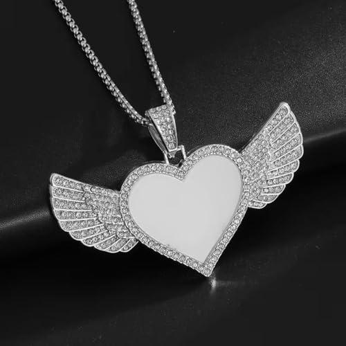 Hip Hop Ice Out Angel Wings Heart Shaped Photo Frame Pendant Necklace for Men and Women Fashion Souvenirs Jewelry Gifts - color: silvery