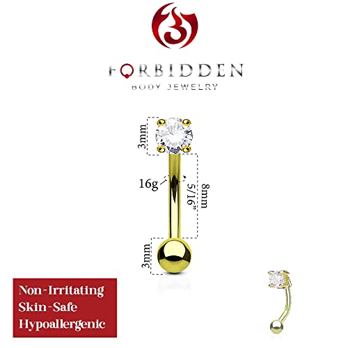 Forbidden Body Jewelry 16g 8mm Surgical Steel Curved Barbell w/Solitaire CZ for Daith, Eyebrow & Rook Piercings - color: Gold/Clear