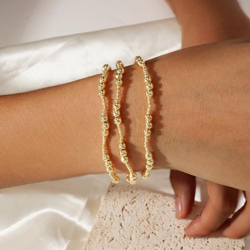 Gold Beaded Bracelet Stack for Women Colorful Small Seed Beads Bracelets Set Boho 14K Gold Plated Ball Stackable Stretch Non-Tarnish Dainty Jewelry Trendy Accessory Friendship Gift - color: Three Ball