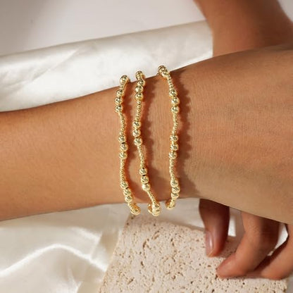 Gold Beaded Bracelet Stack for Women Colorful Small Seed Beads Bracelets Set Boho 14K Gold Plated Ball Stackable Stretch Non-Tarnish Dainty Jewelry Trendy Accessory Friendship Gift - color: Three Ball