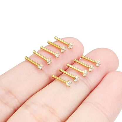 Hoeudjo Nose Studs Surgical Steel Cubic Zirconia Nose Rings Kit for Women Men Tiny Nose Stud Bone & Screw & L Shaped Nostril Piercing Jewelry 24/22/20/18 Gauge 10 Pieces - color: gold-tone,nose bone studs, size: 18g/2mm clear CZ