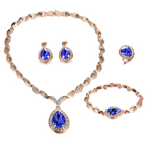 Womens Luxury Africa Dubai 18k Gold Plated Jewelry Sets Wedding Rhinestone Crystal Bib Statement Necklace Earrings Set for Brides Party Prom - color: Royal Blue