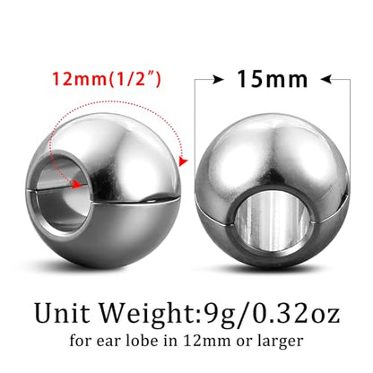 1 pair 9g ear weight Classic Spheres, Hypoallergenic 316 Stainless Steel Ear Weights Plugs Tunnels Gauges for Ear Body Jewelry Women Men - color: Silver for Ear Lobe in 12mm+ (1/2") or Large
