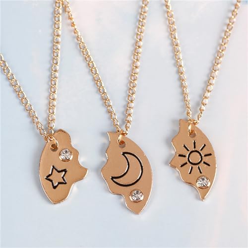 3pcs Friendship Moon Sun Star Puzzle Matching Necklace Set Gold Silver Plated Cute Crescent Round Circle Geometric Best Friend BFF Pendant Necklace for 3 Women Sisters Daughter Birthday Jewelry Gifts - color: Gold