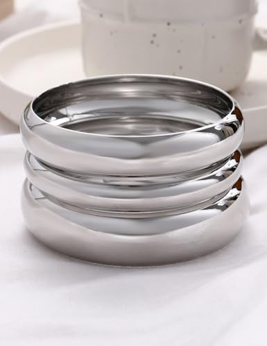 Chunky Gold Bangle Bracelets for Women, Dainty 14k Gold Plated Big Stackable Bangles Set, Trendy Statement Cuff Bracelet Stack Fashion Jewelry Gifts - style: 3 Thick silver bangles