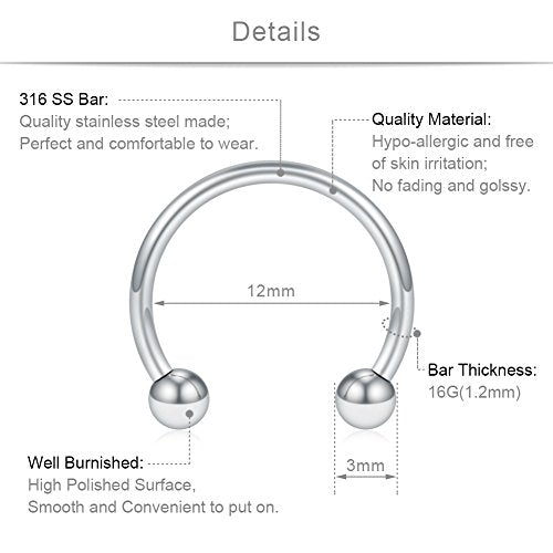 SCERRING 12PCS 316L Stainless Steel 16G Circular Barbells Eyebrow Lip Ear Tragus Horseshoe Hoop Rings 6-12mm - style: 12mm w Balls