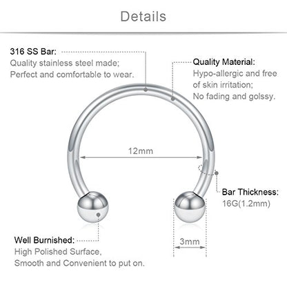 SCERRING 12PCS 316L Stainless Steel 16G Circular Barbells Eyebrow Lip Ear Tragus Horseshoe Hoop Rings 6-12mm - style: 12mm w Balls