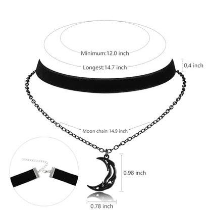 Gothic Layered Necklace, Black Velvet Choker with Dark Pendant | Soft Velvet Choker, Black Pendant, Layered Chain, Dark Academia Aesthetic, Alt Fashin Jewelry, Goth Gift for Women - style: Black Crescent Moon