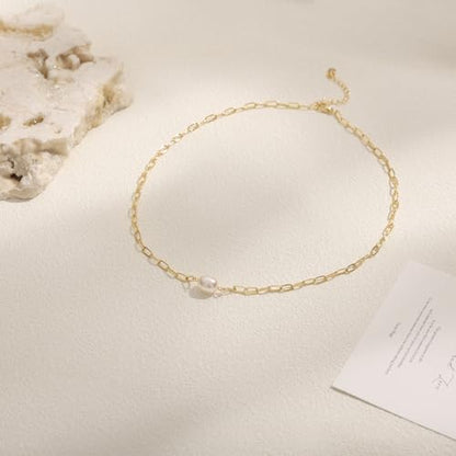 Pearl Necklaces for Women Trendy, Dainty Beaded Choker Necklace, 14K Gold Plated Station Chain, Simple Layering Wedding Prom Jewelry Gift - color: Gold Paperclip Pearl
