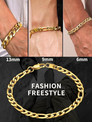 ChainsHouse Figaro Link Chain Bracelet for Men Stainless Steel Jewelry | Black/ Gold Bracelets Men, 6/9/13mm Figaro Cuabn Bracelets 7.5"/8.3", Chunky Hip Hop Wrist Hand Chain Bracelet for Gift - color: a: 6mm-gold