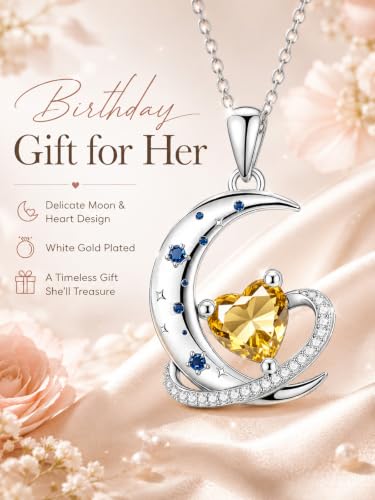 Birthstone Necklace for Women White Gold Moon and Star Pendant Moon Jewelry Anniversary Birthday Gifts for Mom Wife Her - color: 11. November - Citrine