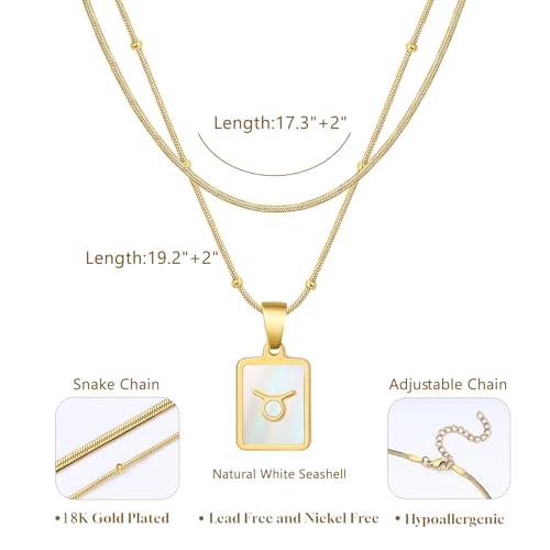 LETFLY Layered Zodiac Necklace for Women 18K Gold Natural Shell Pendant | Birthday Gifts for Women, Daily Wear, Hypoallergenic Material, Personalized Constellation Pendant, Adjustable, Snake Chain - style: Taurus