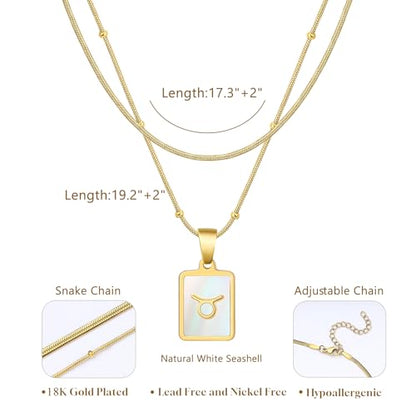 LETFLY Layered Zodiac Necklace for Women 18K Gold Natural Shell Pendant | Birthday Gifts for Women, Daily Wear, Hypoallergenic Material, Personalized Constellation Pendant, Adjustable, Snake Chain - style: Taurus