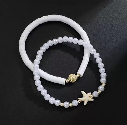 Faux Pearl Beaded Anklet Boho Starfish Soft Pottery Elastic Ankle Bracelets for Women Hawaiian Beach Vacation Surfing Ornament for Daughter Summer Waterproof Stretchy Stackable Anklet Gift 2PCS