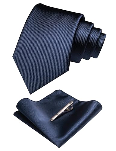 JEMYGINS Solid Color Formal Necktie and Pocket Square Tie Clip Sets for Men - color: Navy