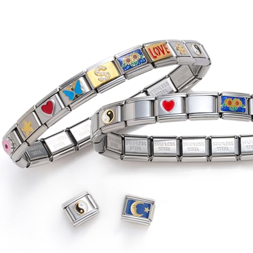 Stainless Steel Italian Charm Bracelet, 18 Link Starter Bracelet 9mm Charms | Italian Charm Bracelet with 9Pcs/20Pcs Charms and Opening Tools, Classic 9mm Modular Charm, Personalized Jewelry Gift - color: Gold S