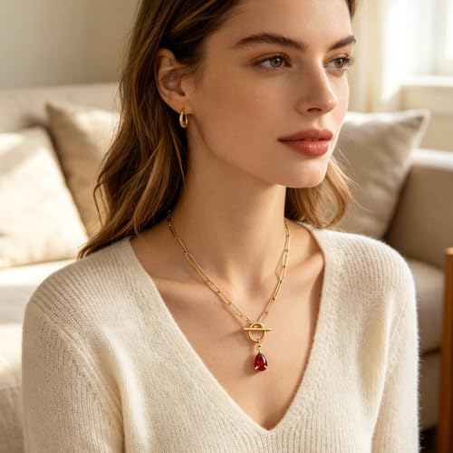Teardrop CZ Pendant Paperclip Chain Necklace 18K Plated Paperclip Toggle Necklace Jewelry Birthstone Gift for Women - color: Garnet-January