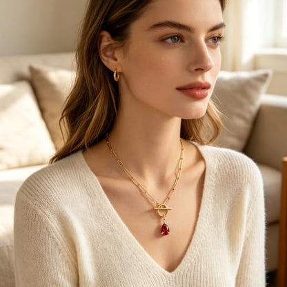 Teardrop CZ Pendant Paperclip Chain Necklace 18K Plated Paperclip Toggle Necklace Jewelry Birthstone Gift for Women - color: Garnet-January