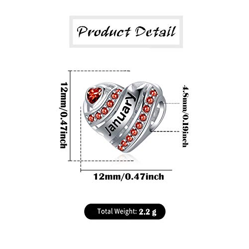 COMORE Birthstone Heart Charms for Charms Bracelet-925 Sterling Silver Love Heart Bead Charms for Bracelets and Necklaces, Birthday Gifts for Women. - style: January