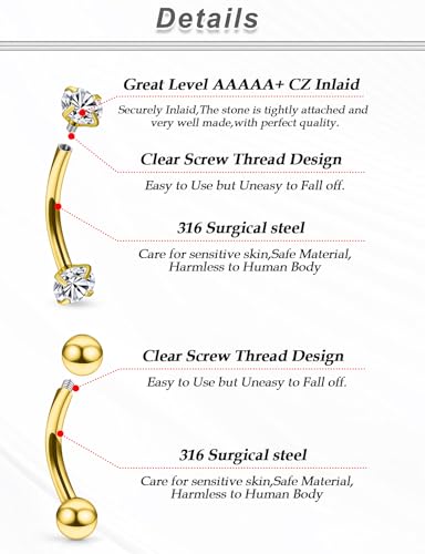 16G Eyebrow Rings Rook Piercing Jewelry 316L Surgical Steel Curved Barbells Vertical Lip labret Snake Eyes Piercing Jewelry Tongue Small Belly Ring 6mm 8mm 10mm Silver Black Gold - color: Gold