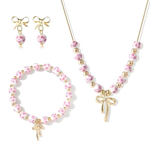 3PCS Bow Beaded Jewelry Set for Women Vintage Handmade Flower Blue And White Porcelain Enamel Ribbon Necklace Bracelet and Earrings Bow Christmas Birthday Holiday Charm Romantic Jewelry Gifts - style: Pink