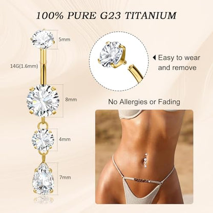 G23 Titanium Belly Button Rings Dangle CZ Belly Rings Curved Navel Rings Teardrop Internally Threaded Cute Belly Piercing 8mm-16mm - color: Style B| Gold, size: 8MM