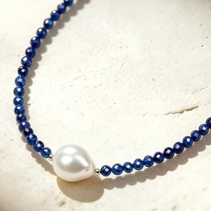 Single Pearl Choker Pendant Necklaces for Women, Natural Gemstone Womens Black Stone Beaded Choker Necklace, Dainty Round Freshwater Pearl Handmade Jewelry Gift Women Birthday Bridesmaids Anniversary 16 18 inch - color: 06-Lapis Lazuli, size: 16"