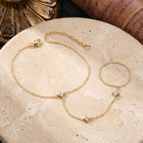 Bracelets for Women, Dainty Gold Silver Ring Bracelet Hand Chain | Cubic Zirconia Pearl Charms, 14K Gold Plated, Adjustable Fit, Trendy Stackable Link Chain, Waterproof Jewelry, Gift for Her - color: Gold-clover hand chain