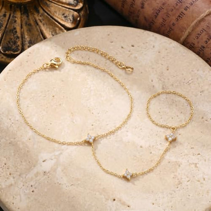 Bracelets for Women, Dainty Gold Silver Ring Bracelet Hand Chain | Cubic Zirconia Pearl Charms, 14K Gold Plated, Adjustable Fit, Trendy Stackable Link Chain, Waterproof Jewelry, Gift for Her - color: Gold-clover hand chain